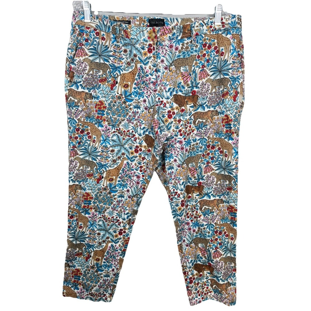 Talbots Relaxed Chino Pants Womens 14P Safari Animal Floral Print Cotton Crop